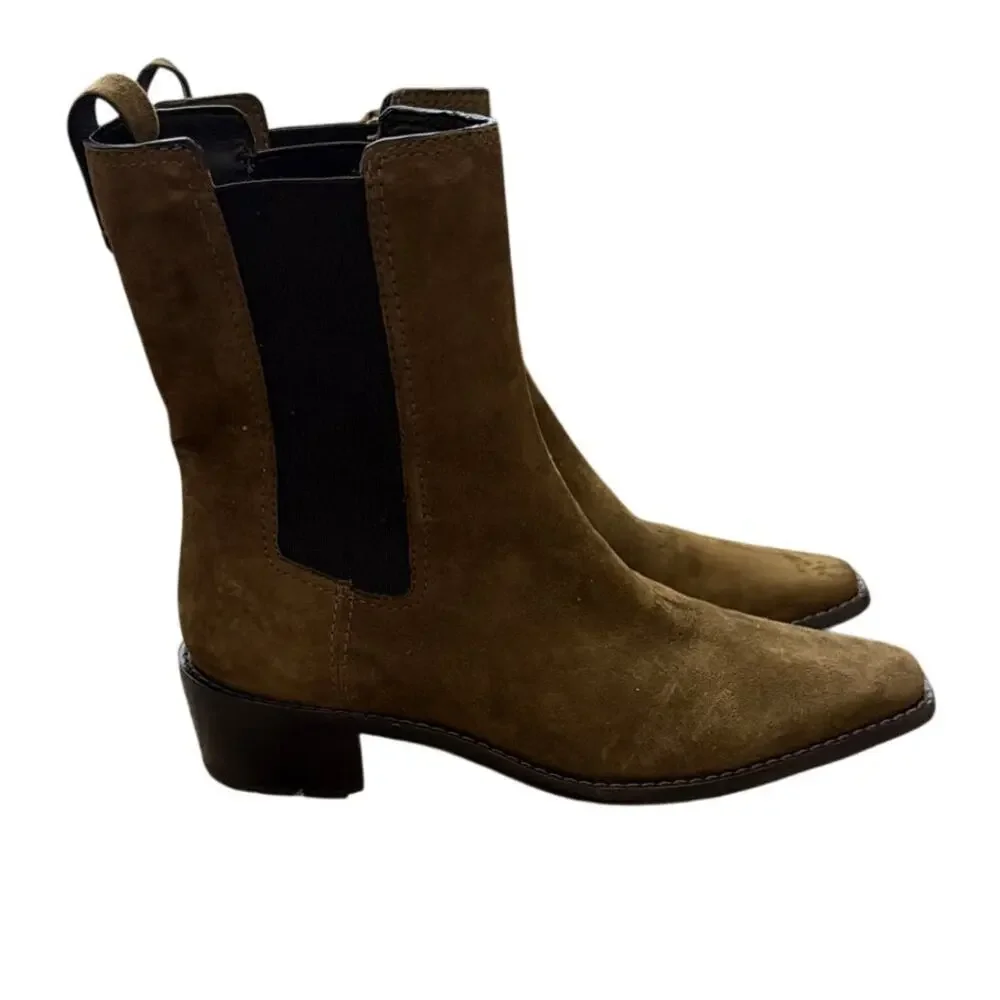 Tory Burch Chelsea Stacked Heel Olive Brown Suede Boots Size 7